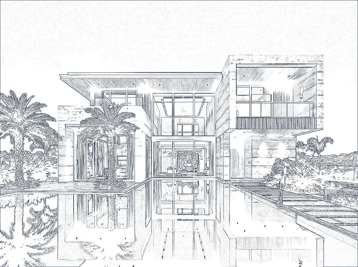 Architectural CAD outline elevation line drawing of ultra luxury villa